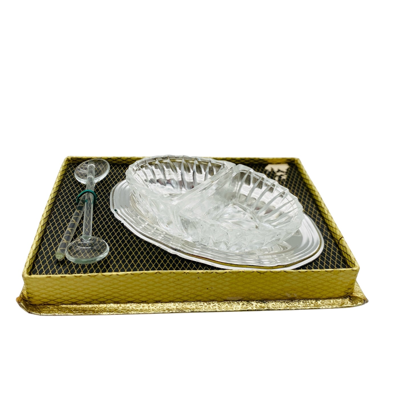 Vintage Menagere mini Tablett Glasschalen Glaslöffel für Süßstoff Salz Kandis 50er 60er