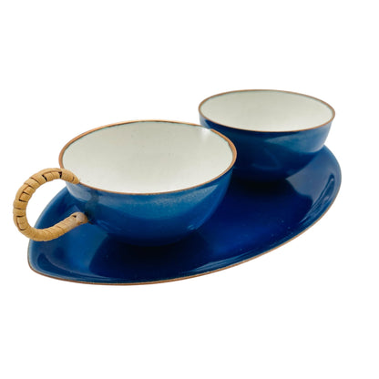 Vintage Rahmservice auf Kupfer emailliert Emaille blau weiß 50er 60er Jahre Basthenkel Dekoration