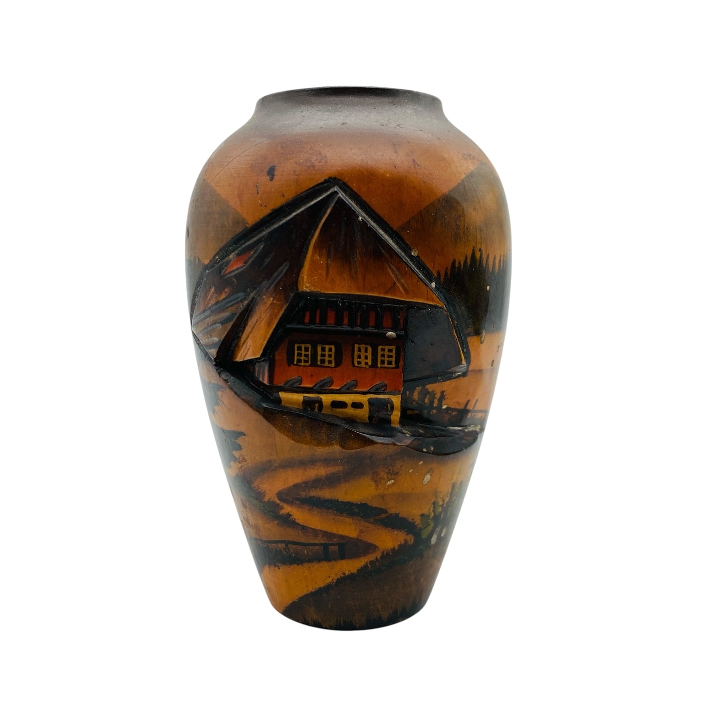 Vintage Schwarzwaldvase aus Holz geschnitzt und gedrechselt Handbemalt Schwarzwaldhaus