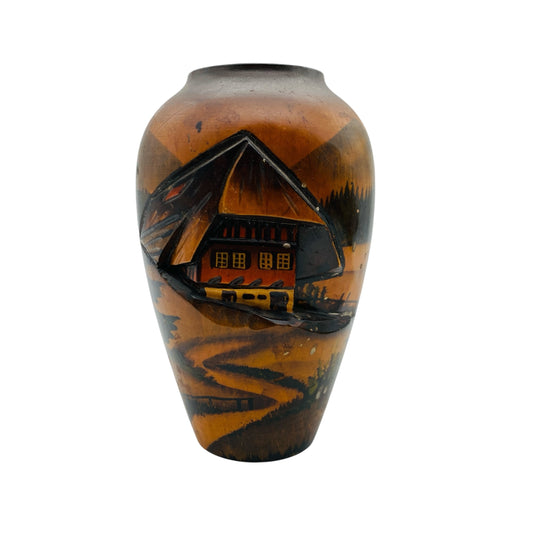 Vintage Schwarzwaldvase aus Holz geschnitzt und gedrechselt Handbemalt Schwarzwaldhaus