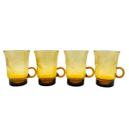 Vintage Tassen Glas Bernstein gelb braun beschliffen 4er Set  Teegläser