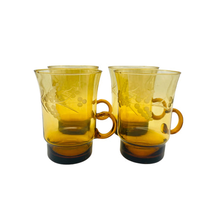 Vintage Tassen Glas Bernstein gelb braun beschliffen 4er Set  Teegläser