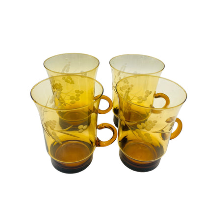 Vintage Tassen Glas Bernstein gelb braun beschliffen 4er Set  Teegläser