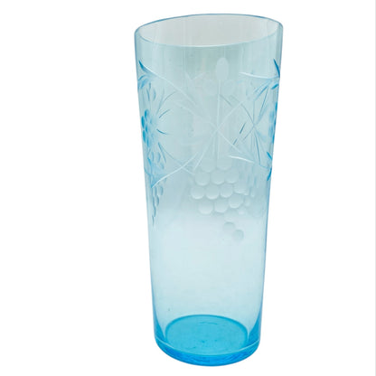 Vintage Vase hellblau blau beschliffen Weinreben Weintrauben Bechervase 70er Jahre Glas