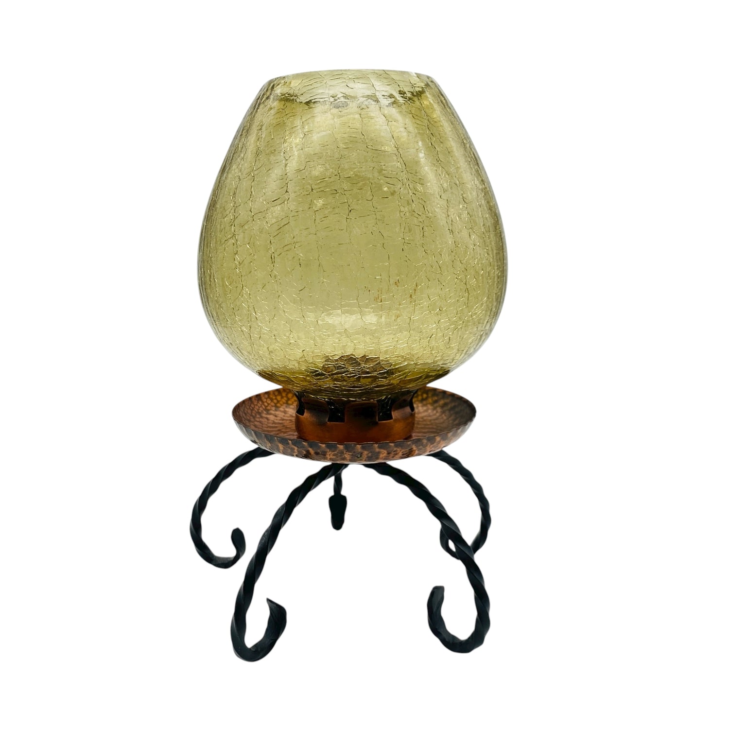 Vintage Windlicht Kerzenständer mit Craquellé Glas Schirm gelb Kupfer Eisen 60er 70er Jahre