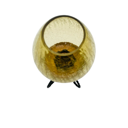 Vintage Windlicht Kerzenständer mit Craquellé Glas Schirm gelb Kupfer Eisen 60er 70er Jahre