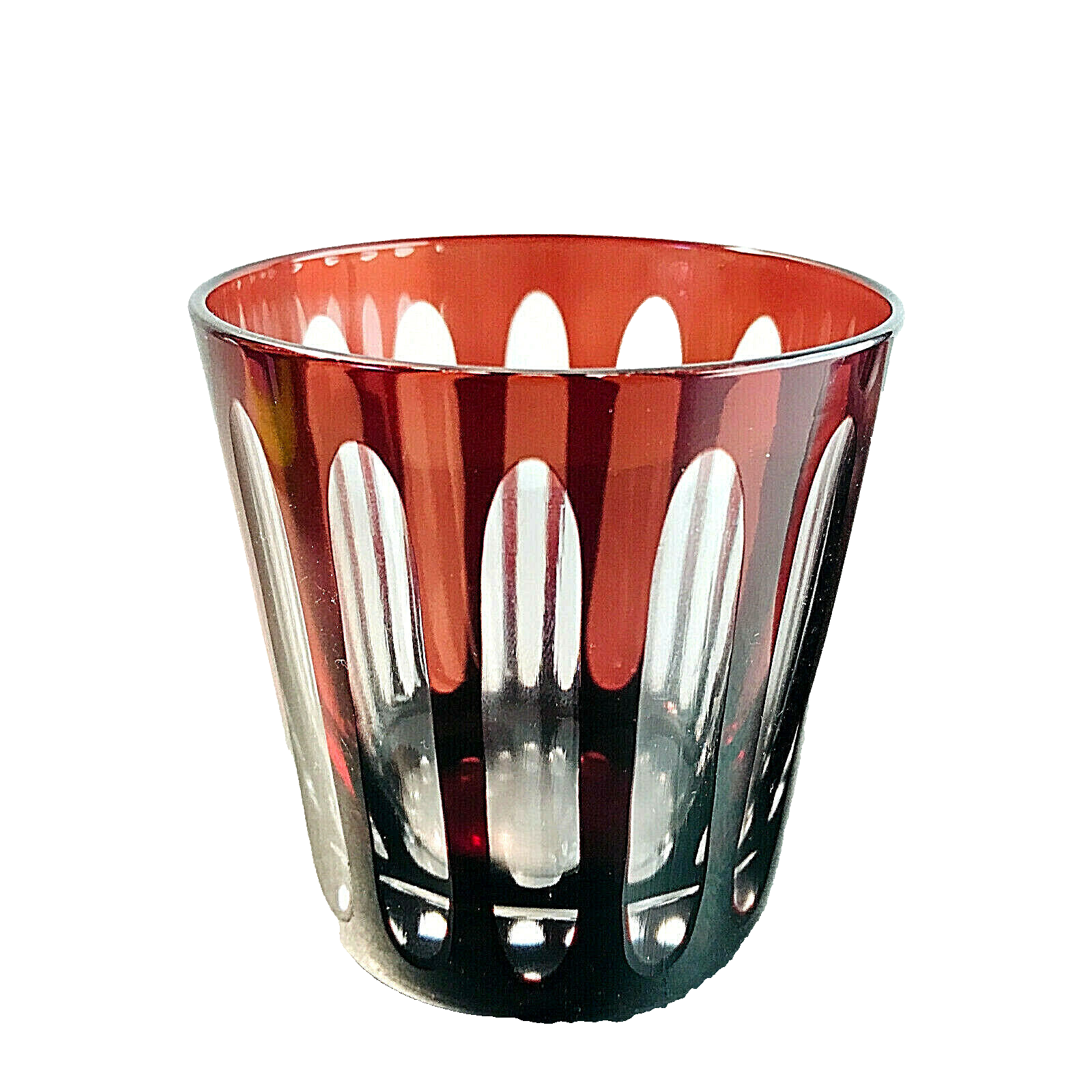 Wasserglas Dekor 8,3 cm Glas beschliffen lila Überfang Whisky 60er