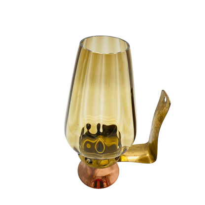 Windlicht Bernstein Glas gelb Kupfer Messing 60er 70er Jahre Dekoration Kerzenständer