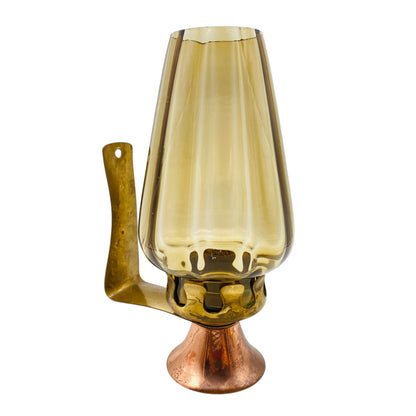 Windlicht Bernstein Glas gelb Kupfer Messing 60er 70er Jahre Dekoration Kerzenständer