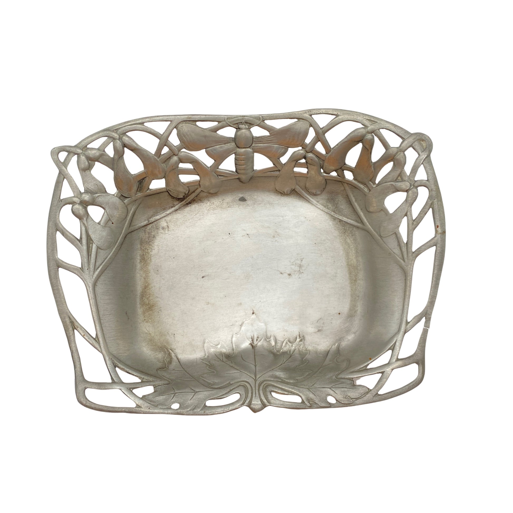 Zinn Schale mit Libelle Insekt Ahorn Blatt Jugendstil Design Vintage