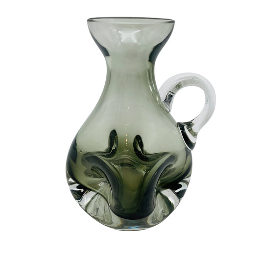 FRIEDRICH GLAS Vase Glas Rauchglas Grau Henkel 60er 70er H 15,5cm