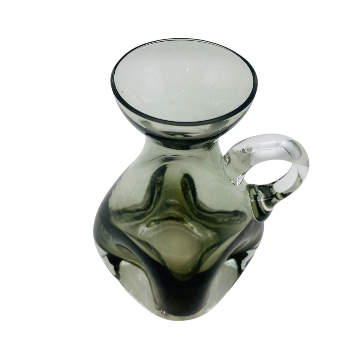 FRIEDRICH GLAS Vase Glas Rauchglas Grau Henkel 60er 70er H 15,5cm