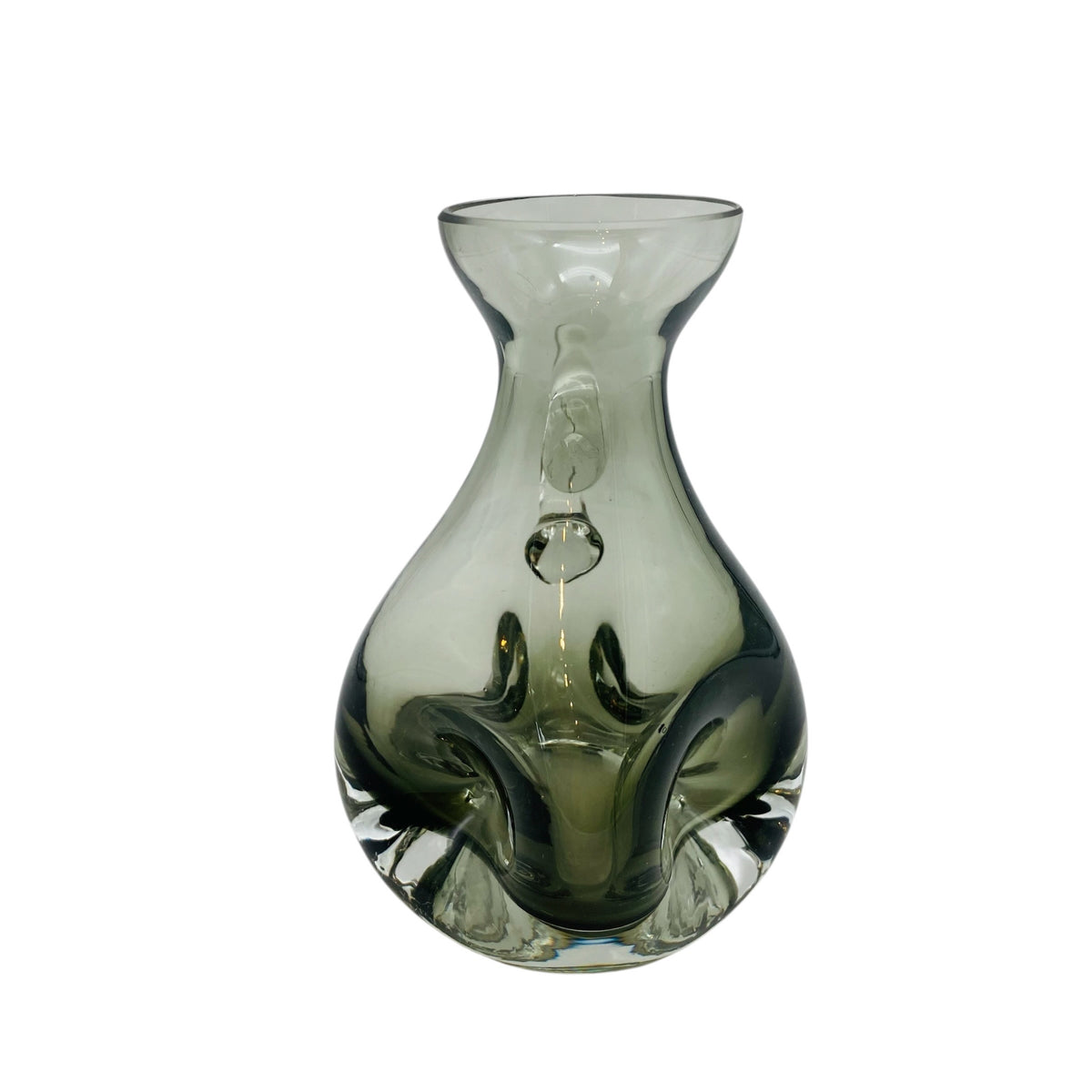 FRIEDRICH GLAS Vase Glas Rauchglas Grau Henkel 60er 70er H 15,5cm