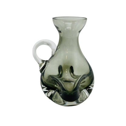 FRIEDRICH GLAS Vase Glas Rauchglas Grau Henkel 60er 70er H 15,5cm