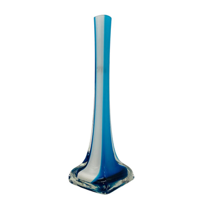 Solifleur Rosenvase Stengelvase Glas Weiß Türkis Blau Transparent Überfang 70er 80er H 30,3cm