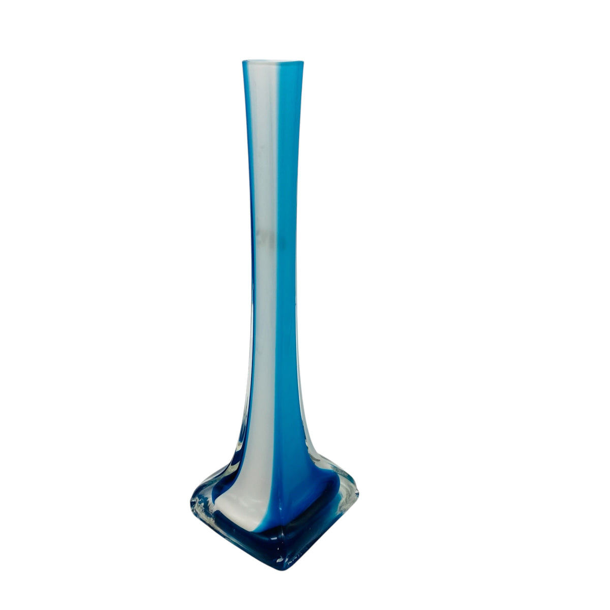 Solifleur Rosenvase Stengelvase Glas Weiß Türkis Blau Transparent Überfang 70er 80er H 30,3cm