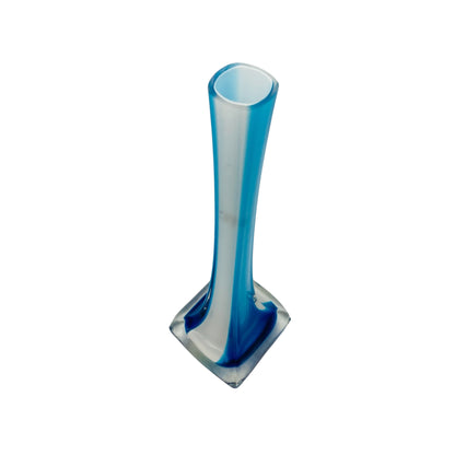 Solifleur Rosenvase Stengelvase Glas Weiß Türkis Blau Transparent Überfang 70er 80er H 30,3cm