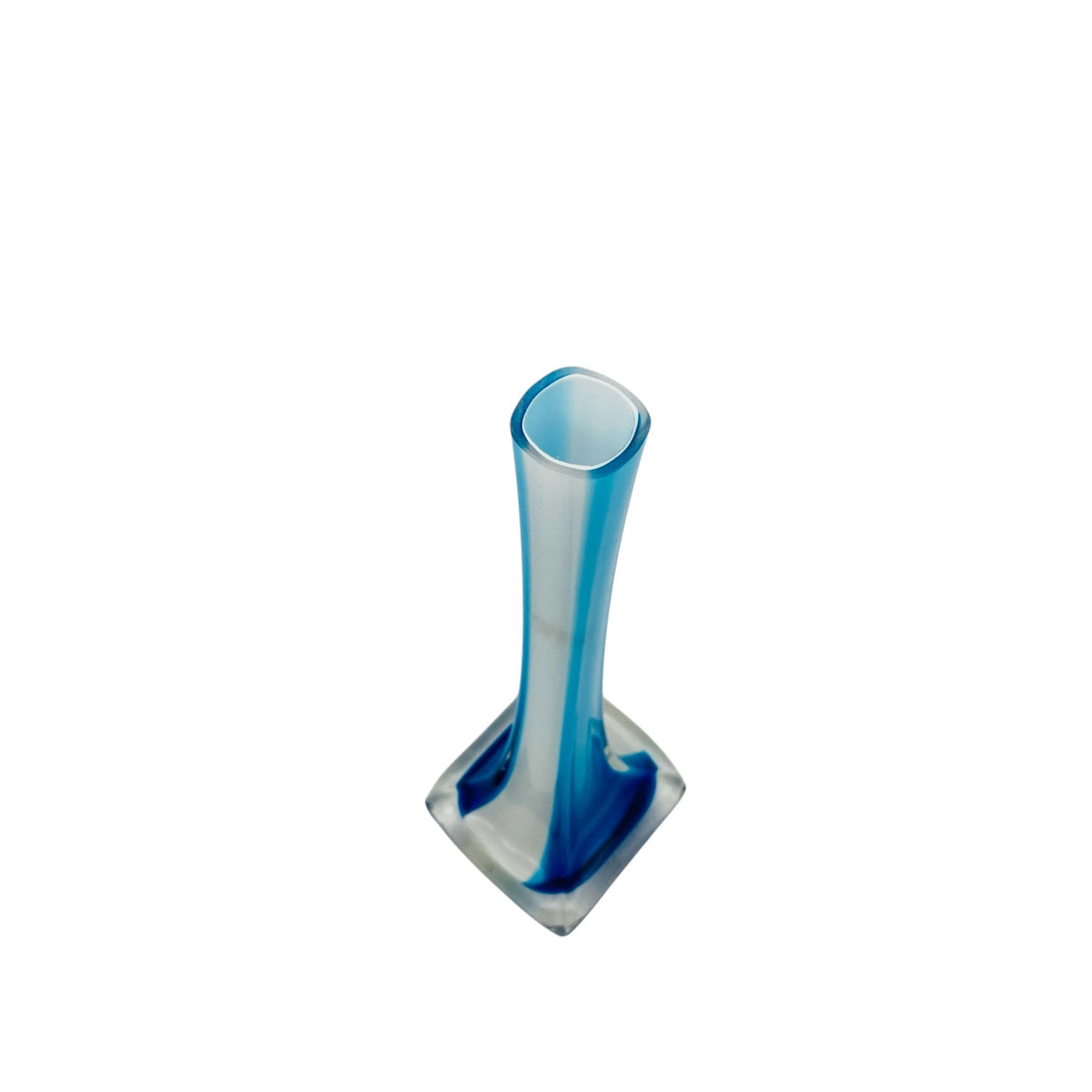 Solifleur Rosenvase Stengelvase Glas Weiß Türkis Blau Transparent Überfang 70er 80er H 30,3cm