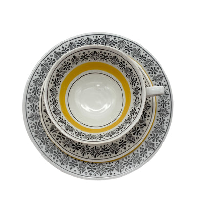 VEB Colditz Porzellan Sammelgedeck Teller Tasse Untertasse gelb schwarz