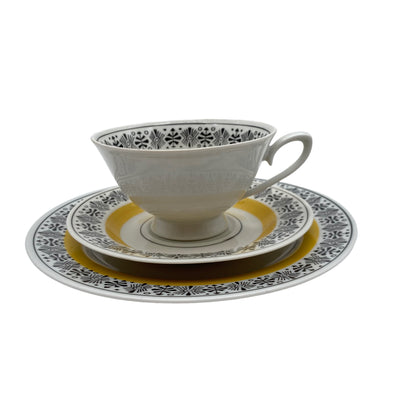 VEB Colditz Porzellan Sammelgedeck Teller Tasse Untertasse gelb schwarz
