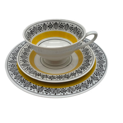 VEB Colditz Porzellan Sammelgedeck Teller Tasse Untertasse gelb schwarz