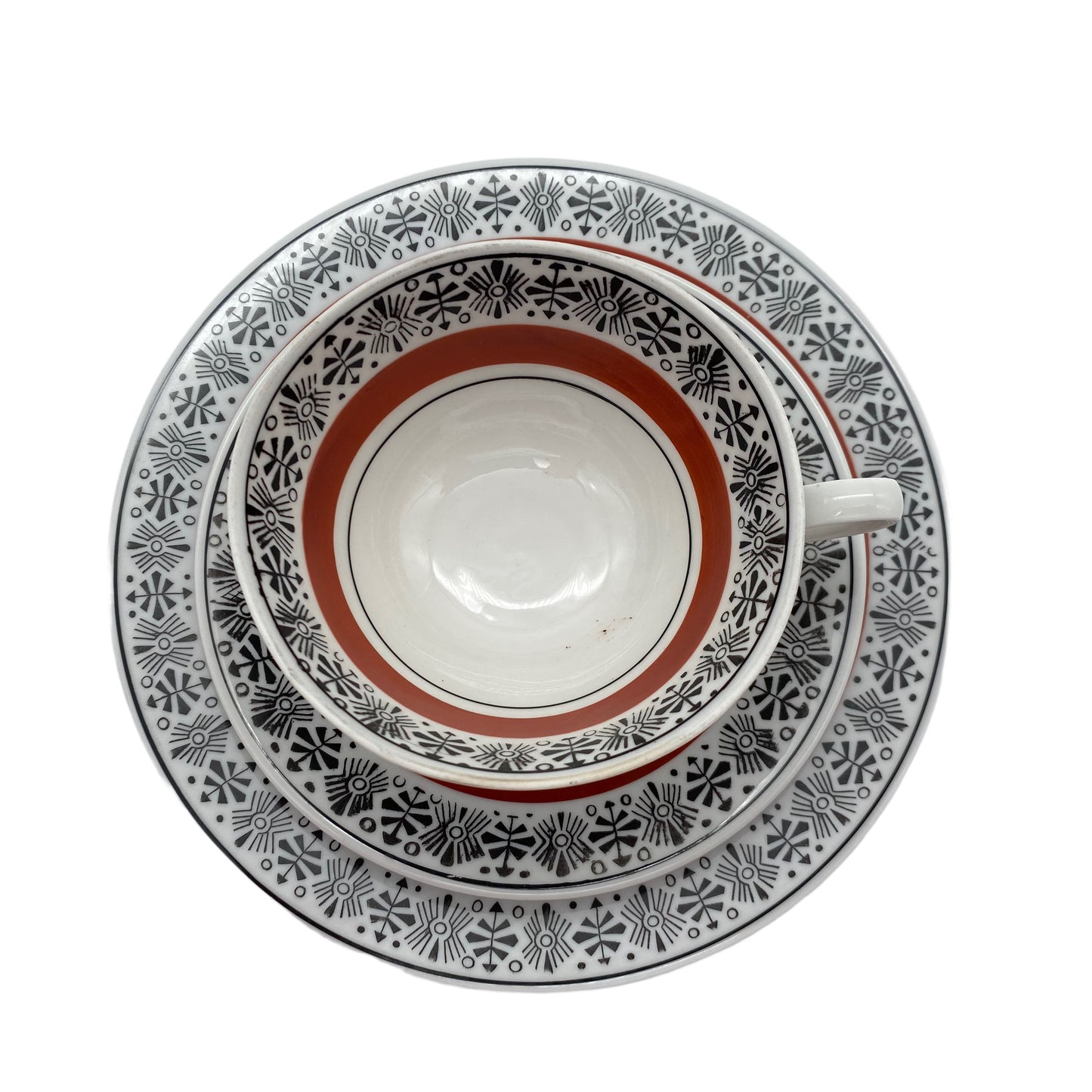 VEB Colditz Porzellan Sammelgedeck Teller Tasse Untertasse rot schwarz