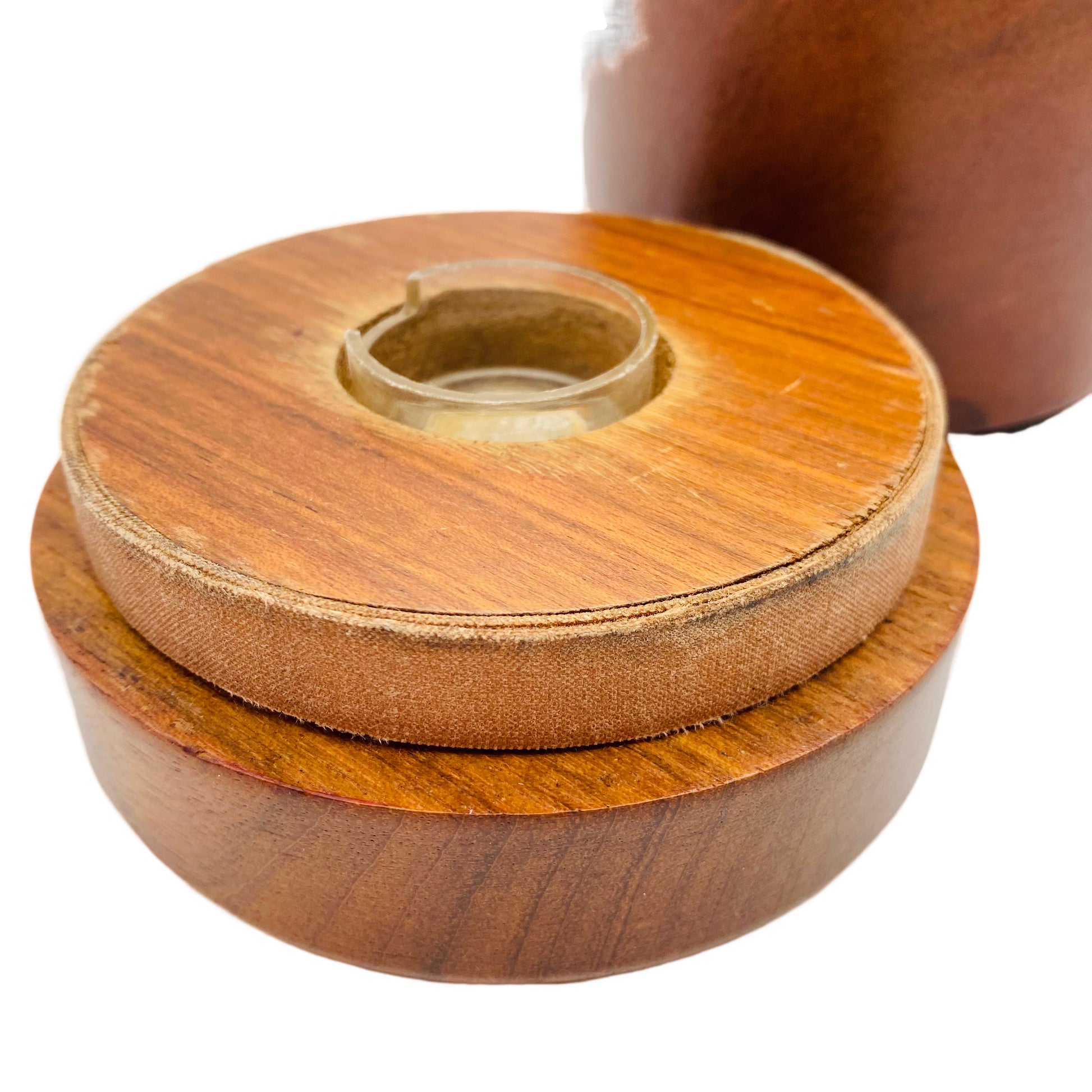 Dose aus Glas mit Ledermantel Holz Deckel Italien 60er 70er