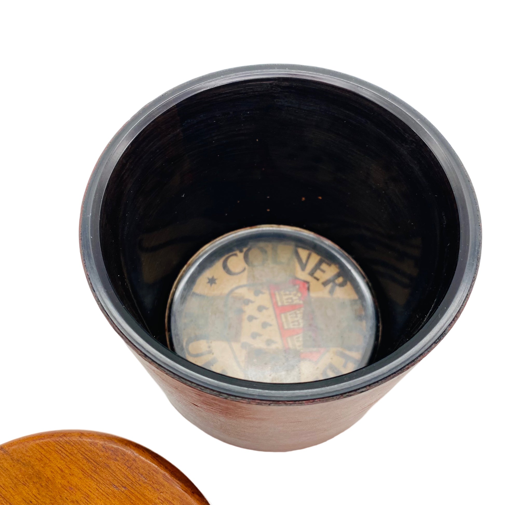 Dose aus Glas mit Ledermantel Holz Deckel Italien 60er 70er