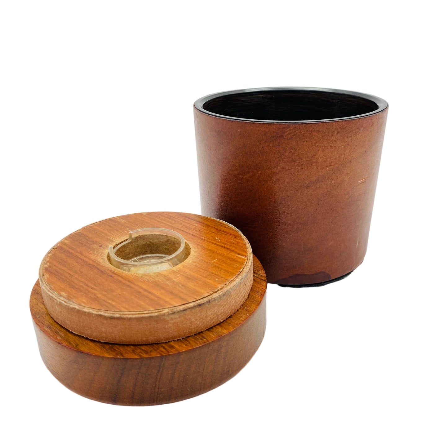 Dose aus Glas mit Ledermantel Holz Deckel Italien 60er 70er