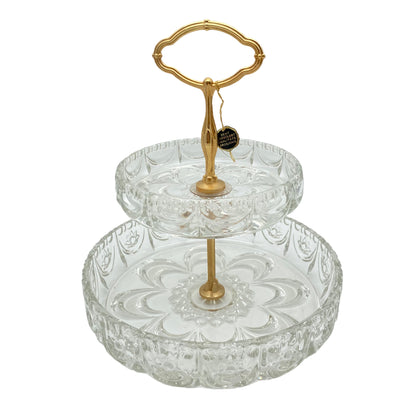 Etagere mit 2 Schalen vergoldet Gold Glas beschliffen 70er Jahre
