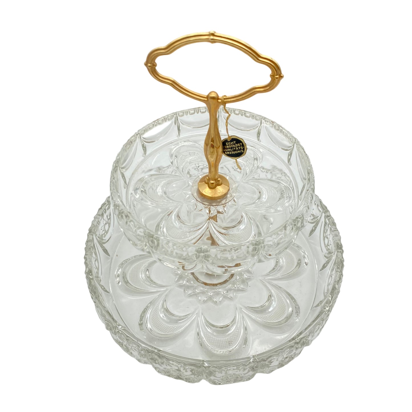Etagere mit 2 Schalen vergoldet Gold Glas beschliffen 70er Jahre