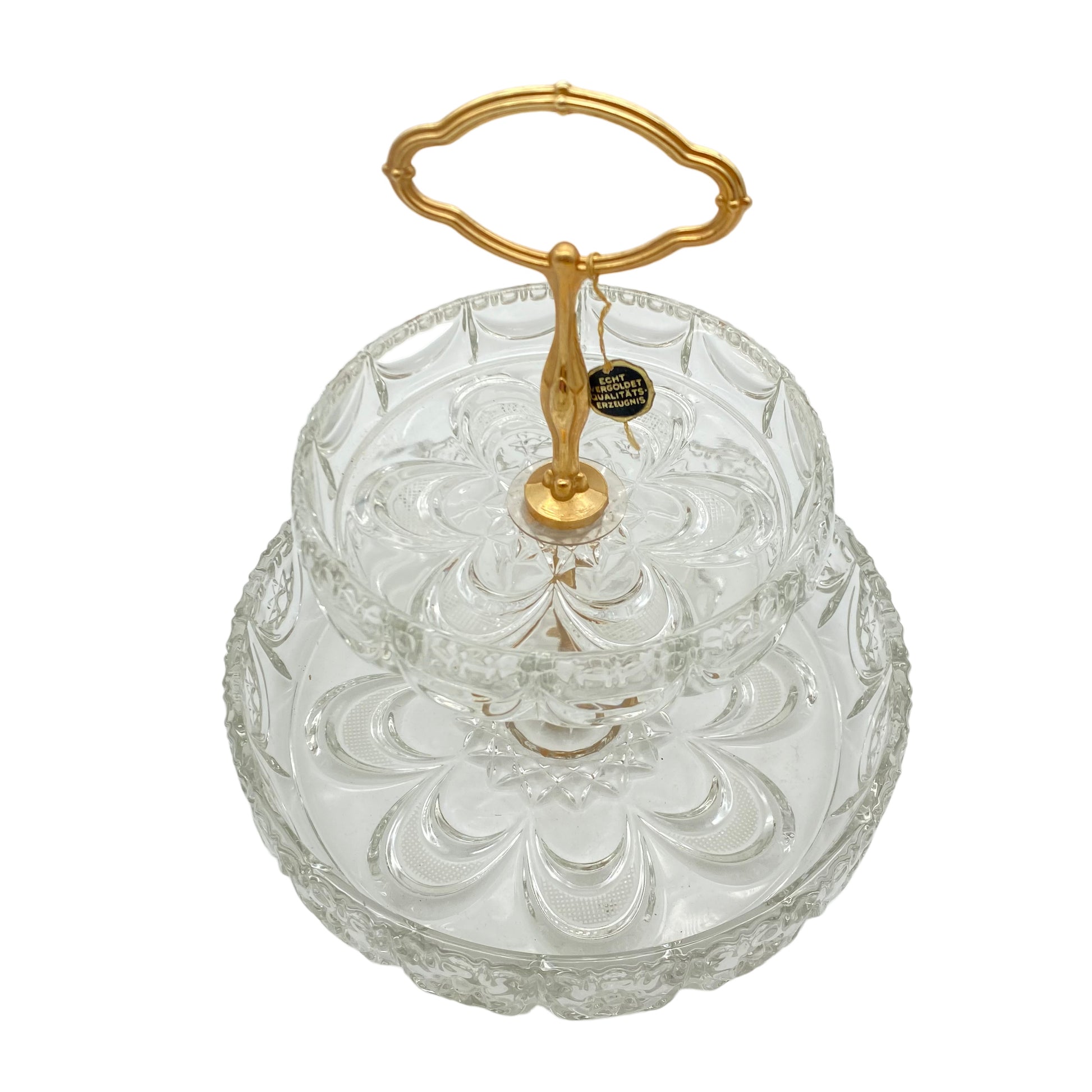 Etagere mit 2 Schalen vergoldet Gold Glas beschliffen 70er Jahre