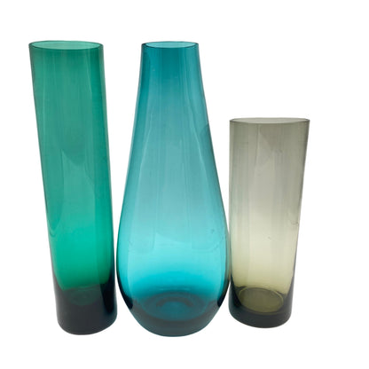 Vasen Set türkis Rauchglas grün 1960er 16,5 / 22 cm Glas