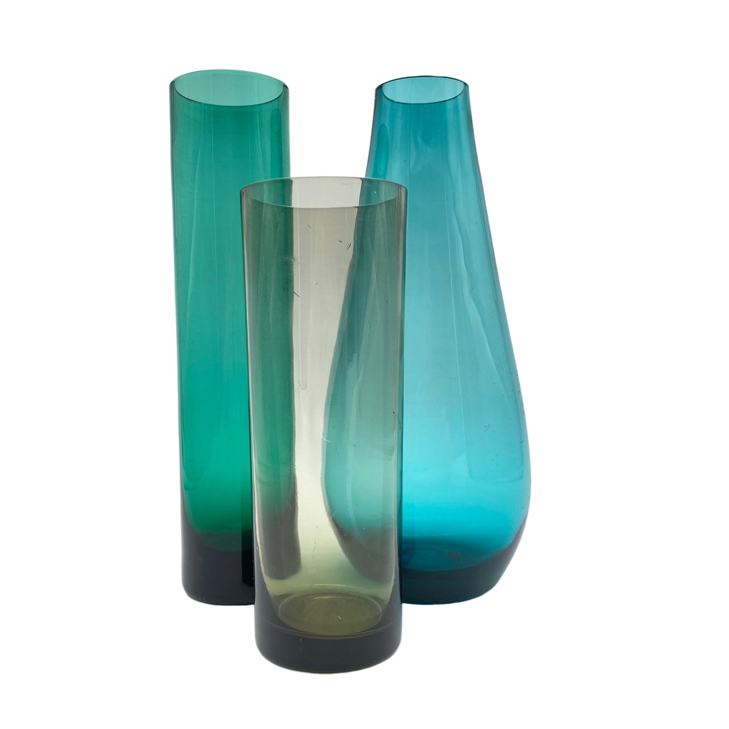 Vasen Set türkis Rauchglas grün 1960er 16,5 / 22 cm Glas