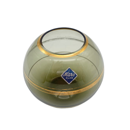 MARS Glas Vase Rauchglas Goldrand Dekor Gold 1960er Kugelvase 9 cm