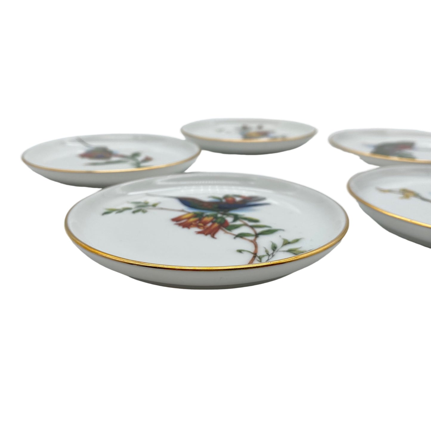 FÜRSTENBERG Untersetzer Teller 5er Set Porzellan Vögel 9,9 cm Goldrand 1960er