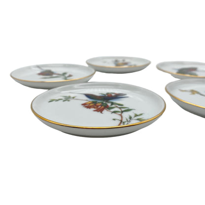 FÜRSTENBERG Untersetzer Teller 5er Set Porzellan Vögel 9,9 cm Goldrand 1960er