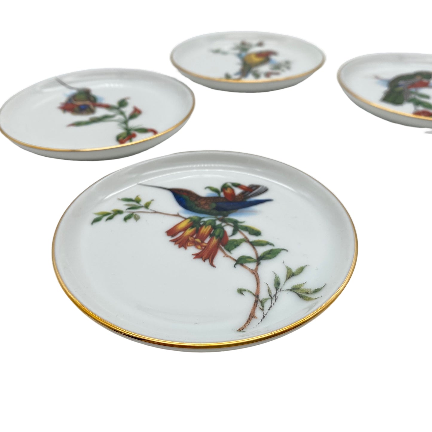 FÜRSTENBERG Untersetzer Teller 5er Set Porzellan Vögel 9,9 cm Goldrand 1960er