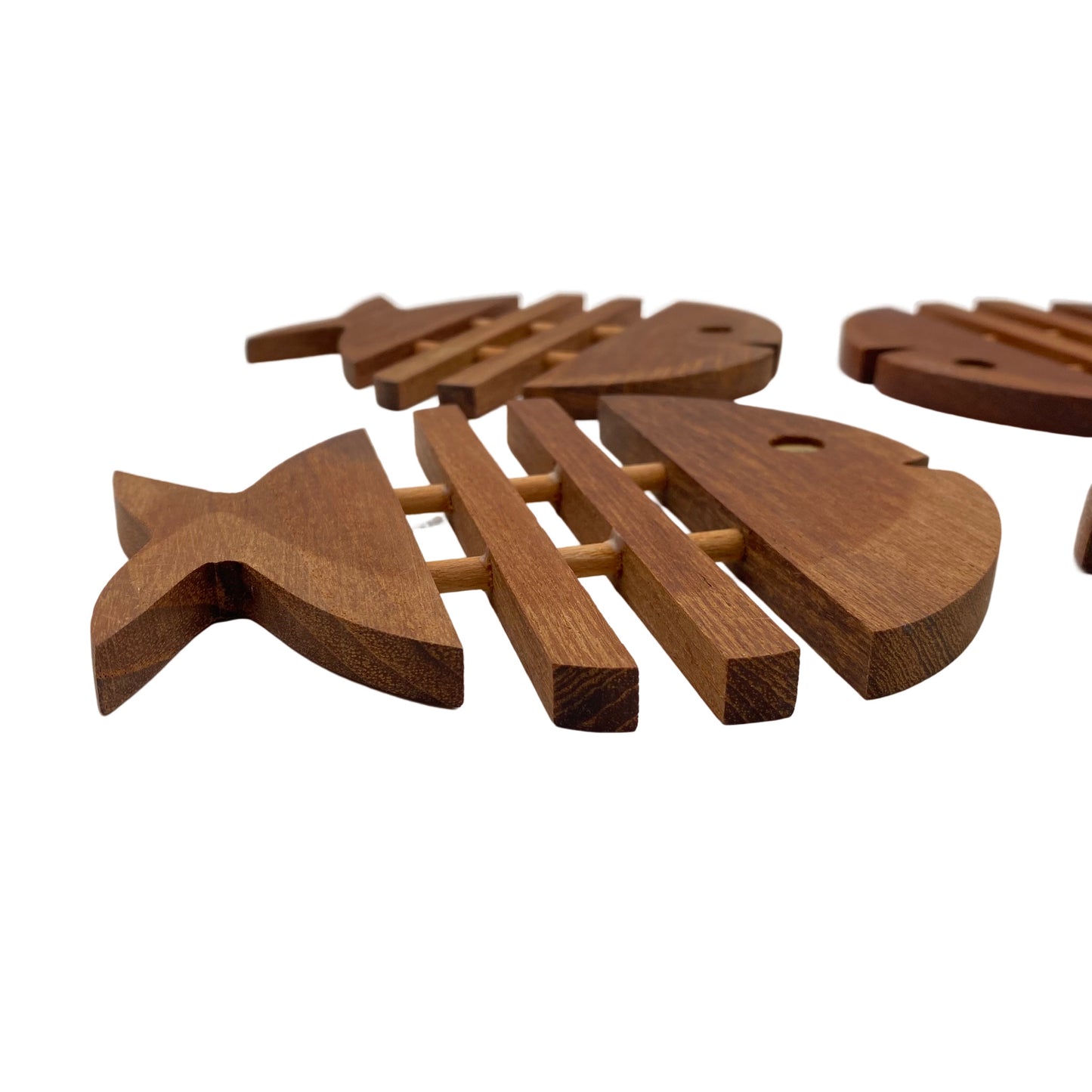 Untersetzer Set Holz Fische Teak 1960er 1970er Accessoires braun