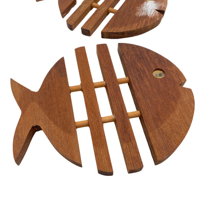 Untersetzer Set Holz Fische Teak 1960er 1970er Accessoires braun