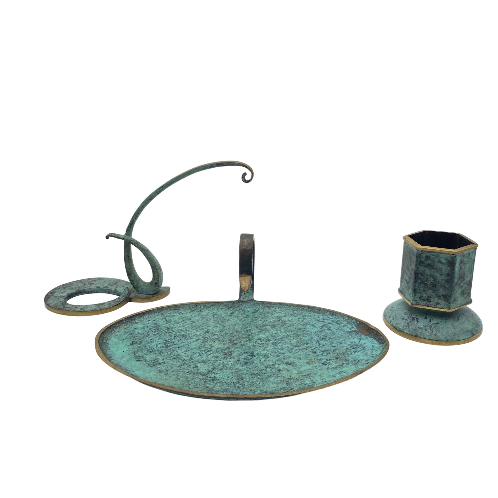 Schreibtischset Raucherset Messing Vintage Mid Century grün 50er Jahre